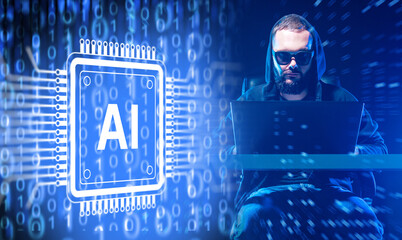 Cybersecurity and AI programming, hacker works on laptop near artificial intelligence chip, develops algorithms, analyzes data security and advanced digital systems.