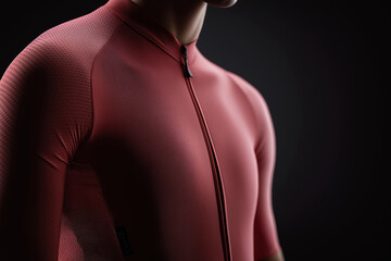 Athletic man in red cycling jersey. Detail of textured fabric on shoulder and front zipper. Dark background highlights activewear design