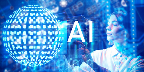 Artificial intelligence research and data science, technology specialist interacts with digital AI interface, analyzes global data networks, develops smart systems and innovation solutions.