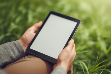 Male hands holding digital tablet with blank screen outdoor against blurred green nature background. Person using e-reader device in bright sunlight