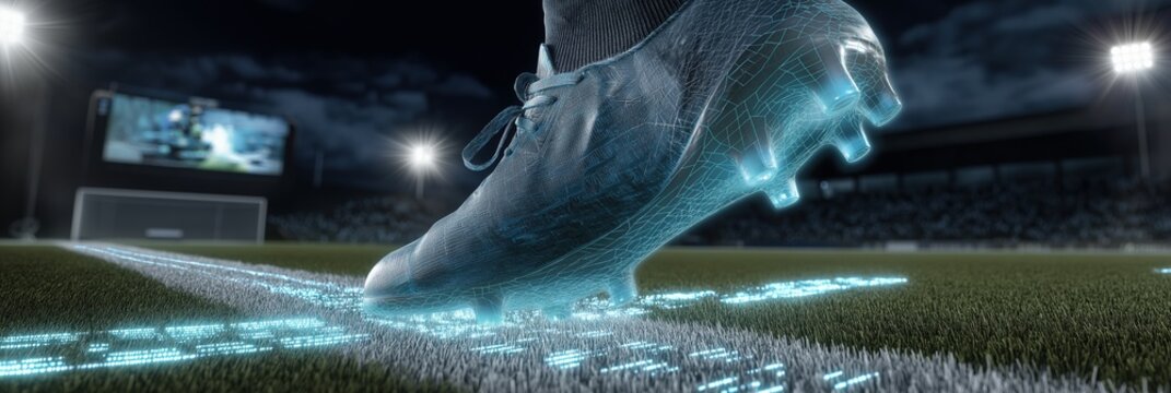 Soccer player's foot wearing high-tech, digitally glowing football boot, stepping on luminous field line on grass pitch inside stadium at night with bright lights