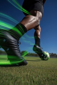 Soccer player's legs in cleat kicking football on green grass field under blue sky, enhanced with dynamic green speed effect trails