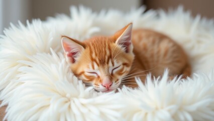 cute little red kitten sleeping on soft white fur blanket peaceful pet resting scene with cozy texture and warm mood concept of animal care pet products veterinary lifestyle