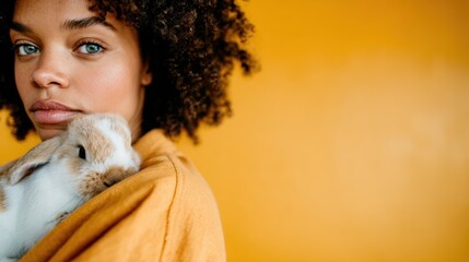 A woman gently cradles a rabbit against her shoulder, showcasing a tender connection between humans and animals, with a warm background conveying comfort and affection.