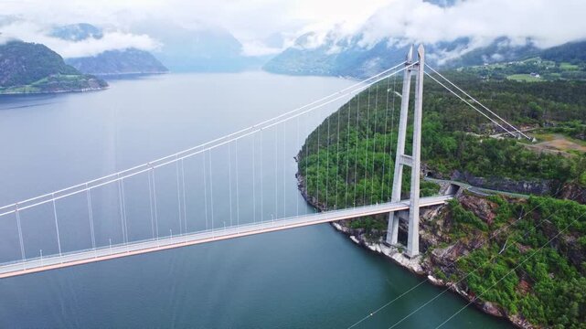 Aerial view of the Hardangerbrua bridge contrasting the dark water with the green vegetation and the cloudy sky, Bergen, Vestland, Norway.