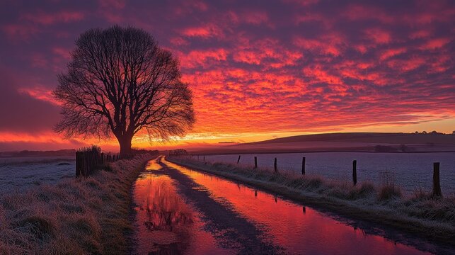 Sunrise paints frost-kissed lane