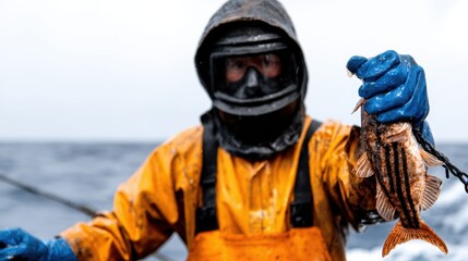 A dedicated fisherman in protective gear proudly displays his catch against the backdrop of a rough sea, embodying the perseverance and challenges of maritime life.