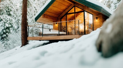 A beautiful wooden cabin stands in a snowy landscape, showcasing the tranquility and warmth of winter retreats amidst the serene white snow and tall trees.