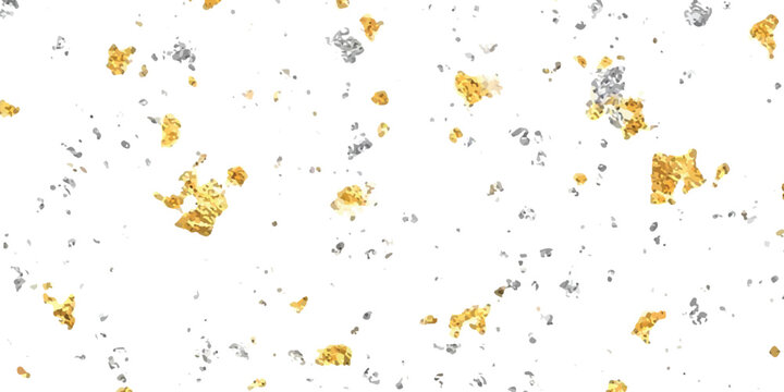 A beautiful pattern of scattered gold and silver foil flakes on a clean white background