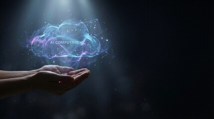 Hand holding glowing AI computing cloud with circuit board design