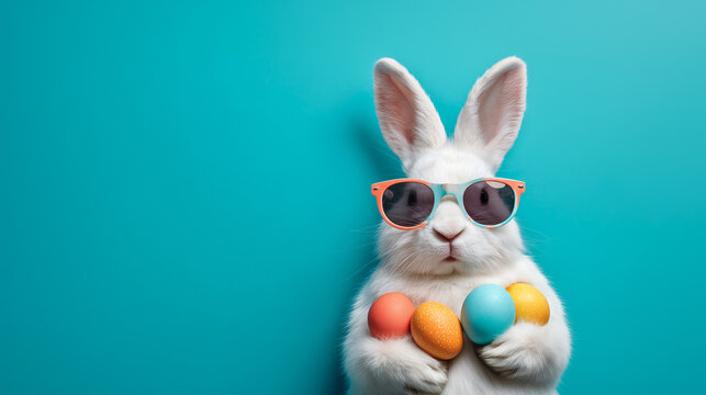 Osterhase mit Sonnenbrille und bunten Ostereiern im Arm