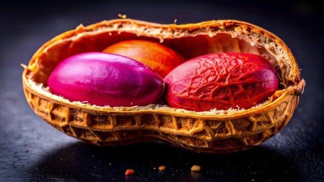 Close up of colorful peanuts in shell against dark background