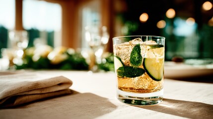 A vibrant cocktail featuring mint leaves and lime slices, served over ice in a stylish glass, perfect for summer gatherings or upscale events in a warm setting.