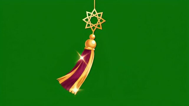 Golden Islamic Tassel Ornament with Star Hanging on Green Screen.
