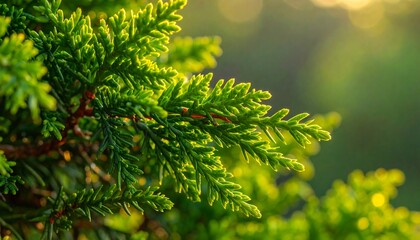 Close-up of vibrant green conifer foliage with soft focus background and golden sunlight. Nature's beauty