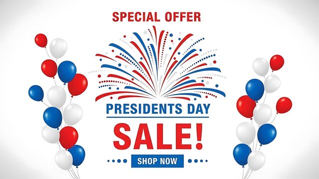 Vibrant Presidents Day sale celebration with fireworks and balloons