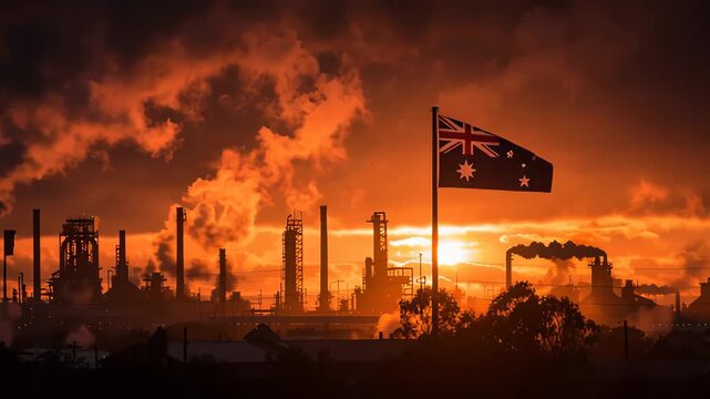 Industrial landscape at sunset with Australian flag and smokestacks in the background