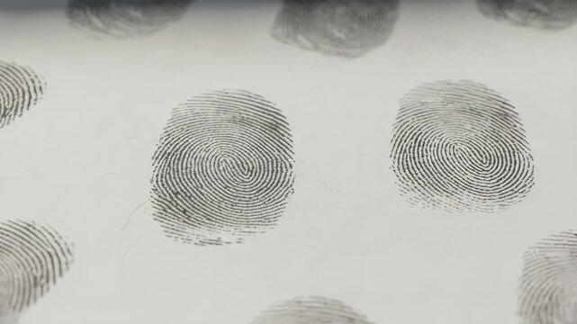 Macro close up of black fingerprints on a white surface, forensic evidence at a crime scene showing unique papillary patterns used by detectives for identification and investigation