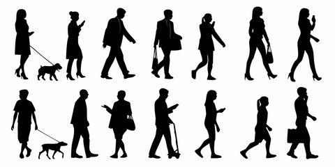 Silhouettes of people walking in various poses including those with pets