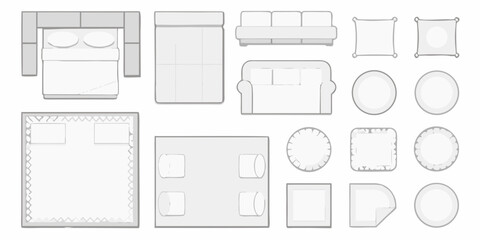 Top view of furniture arrangement including beds sofas tables and rugs