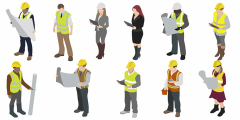 Isometric illustration of construction workers and professionals reviewing blueprints