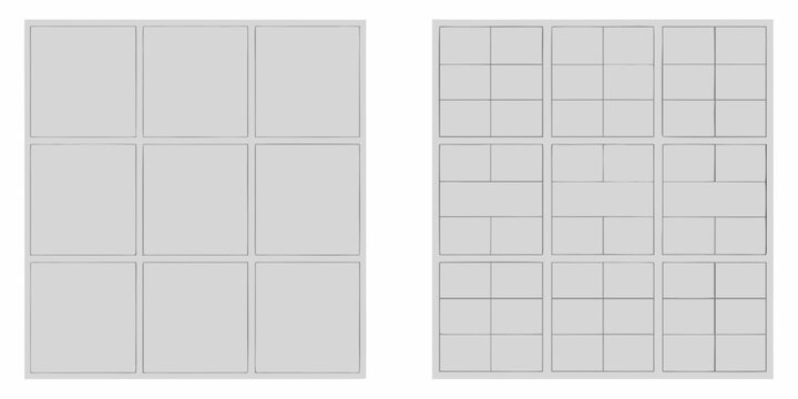 Gridded panels in neutral tones depict geometric arrangements and blank spaces - Powered by Adobe