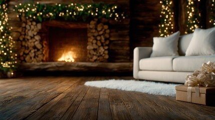 Obraz premium A warm and inviting living room featuring a roaring fireplace, beautifully decorated with twinkling lights and holiday garlands alongside presents wrapped in elegant paper.