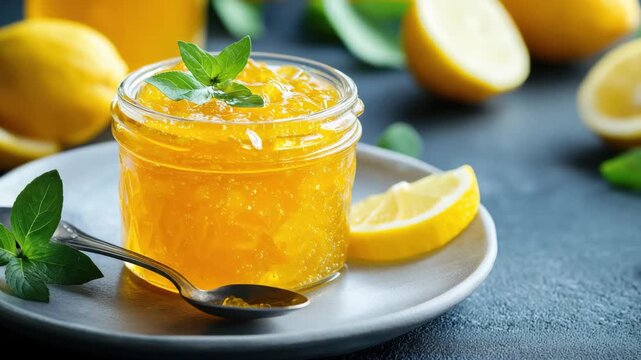 Fresh lemon jam in a transparent glass jar with mint leaves, served on a plate with spoon and lemon wedges. Bright citrus color and texture.