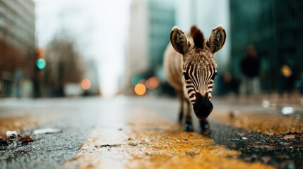 Fototapeta premium A young zebra curiously walking on a city street, disrupting the urban landscape, blending nature with city life, in a unique and striking visual narrative of wildlife.