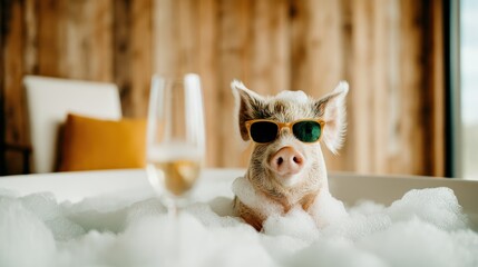 A stylish pig enjoying a bubble bath with sunglasses, embodying a humorous twist on relaxation and luxury in a fun, playful setting that invites smiles and laughter.