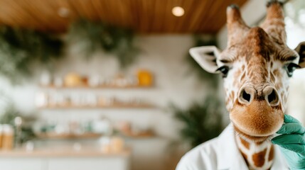 A whimsical giraffe in a lab coat poses in a modern interior, merging the worlds of nature and science in a playful and artistic manner that sparks creativity.