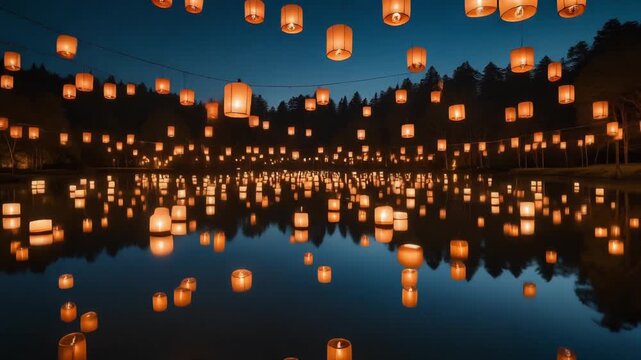 lanterns fly over the lake at night footage