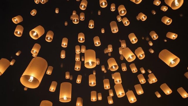 Lantern lanterns fly at night footage