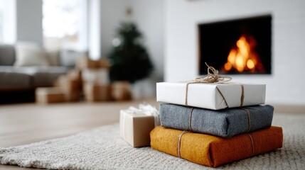 Obraz premium A cozy scene featuring beautifully wrapped Christmas presents neatly stacked by a glowing fireplace, evoking feelings of warmth, love, and anticipation during the holiday season.