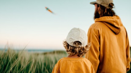 A loving father and son share a heartwarming moment watching a colorful sunset, symbolizing the connection between generations and the joy of childhood exploration.