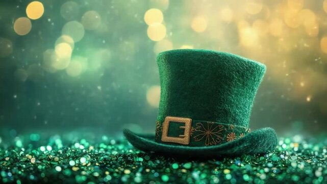Happy Saint Patrick`s day. Banner with clover leaves, green hat on green background. Flyer or Poster Template. Copy space. Mock up.