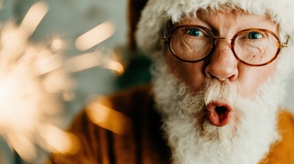 A joyful elderly man in a Santa costume expresses excitement and cheer, embodying the spirit of celebration with a sparkling background, perfect for holiday-themed imagery.