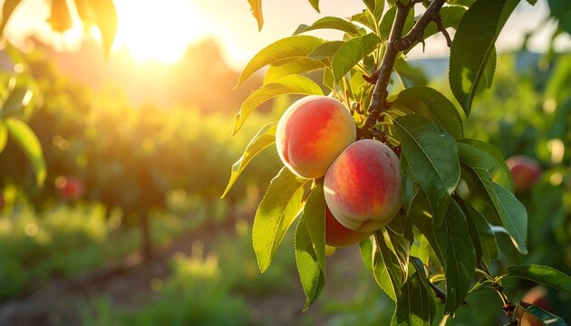 Close-up of ripe, fuzzy fruits hanging from a leafy tree branch, bathed in golden sunlight. The background features more trees