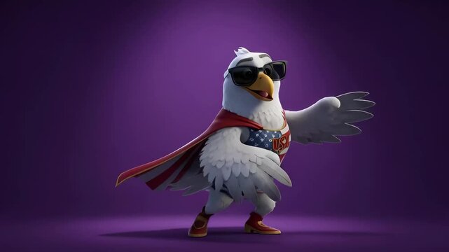 Bald eagle character in american flag costume and sunglasses posing as mascot. Patriotic bird animation.