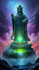 A bronze sculpture of a magic lamp stands as a spiritual monument against the dark night sky in India, blending religious art with ancient Asian culture