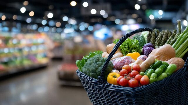 24Close-up of shopping basket filled with fresh food staples, meat, vegetables, fruit, and bread, supermarket shelves blurred behind, clean modern grocery store scene