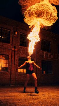 Female fire breather performing dramatic flame show at night in urban industrial setting.