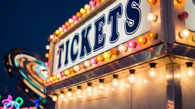 Illuminated tickets booth at night in amusement park with colorful lights.