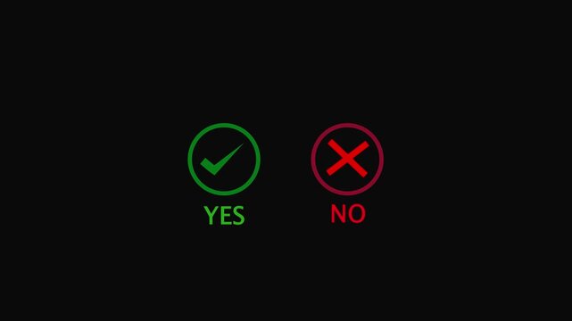 Animated pop-up green check mark and red cross X symbol on a transparent background. A checkmark in and out motion graphics animation. Video footage of yes or no, true or false with alpha channel