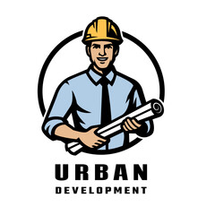 Urban construction logo. A man in a hard hat holding blueprints.