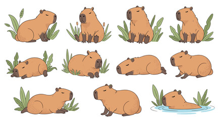 Adorable set of capybara illustrations showing the animals in various poses such as sleeping, sitting, and swimming in water with plants.