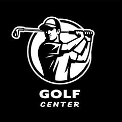 Golf center logo. A man with a golf club on dark background.