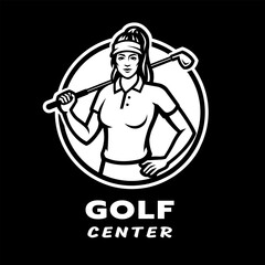 Golf center logo. Girl with a golf club on dark background.