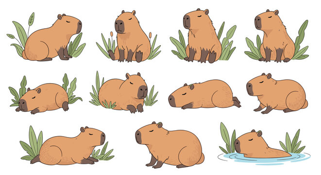 Adorable set of capybara illustrations showing the animals in various poses such as sleeping, sitting, and swimming in water with plants.