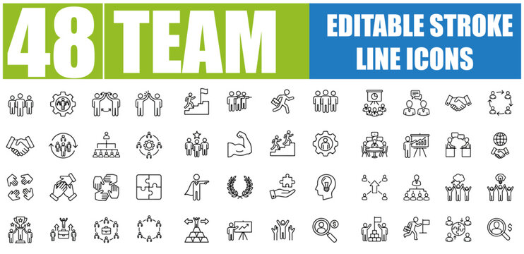TEAM ICON SET - EDITABLE LINE ICONS FOR TEAMWORK, COLLABORATION, PEOPLE AND COMMUNITY - VECTOR ILLUSTRATION, SEO OPTIMIZED AND TOP RANKED IN ADOBE STOCK AND SHUTTERSTOCK
